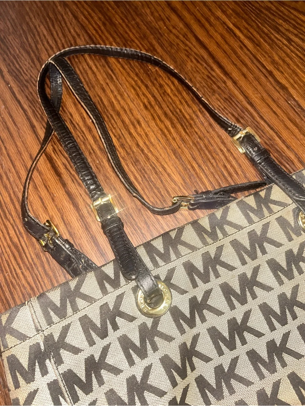 Michael Kors Brown and Beige MK Logo Tote with Black Straps, used